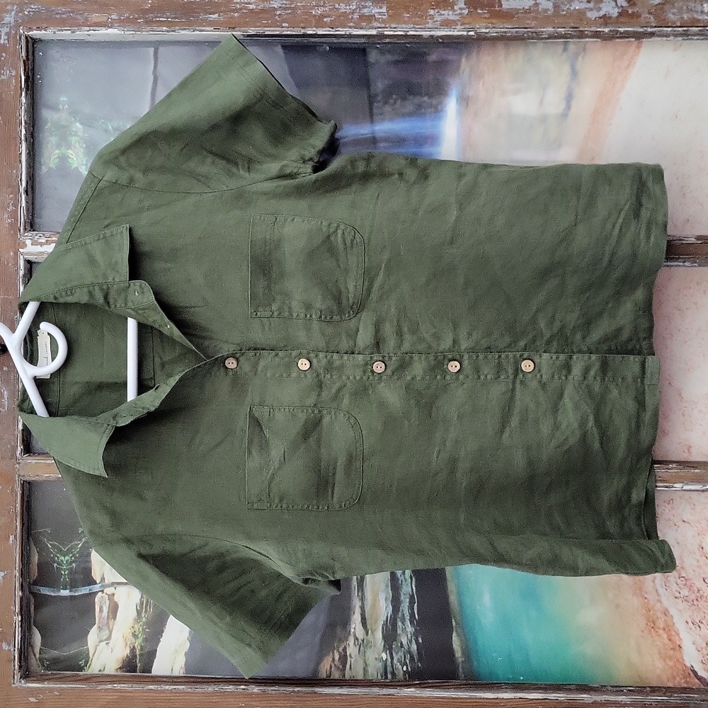 Hannah Canvas Large Olive Short Sleeve Button-up Blouse 100% Linen